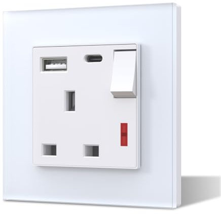 BSEED Single Plug Socket with USB C and USB A,Glass Switched Socket,UK Standard Electric Power Sockets,13A Wall Socket,Save Space,1 Gang,86mm White
