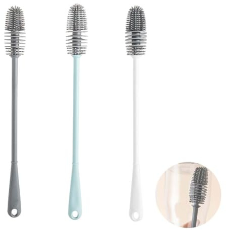 3 Silikon Spülbürste mit Flexkopf hygienische Flaschenbürste mit flexiblem, Flaschenbürste mit langem Griff, Flexible Scheuerbürste für Wasserflaschen, Gläser, spülmaschinengeeignetem Bürstenkopf