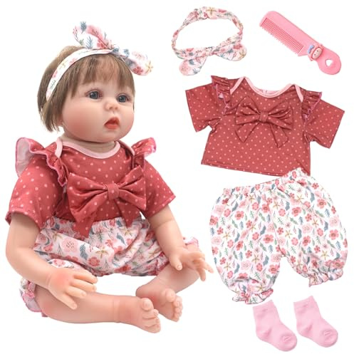 Grazioso abbigliamento per bambola 50-55 cm per bambola neonata femmina/maschietto, 5 pezzi di accessori per abbigliamento con nodo a farfalla, fascia floreale, top, pantaloni, calzini, pettine