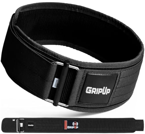 GripUp Cintura per sollevamento pesi, per uomo e donna, 10 cm, larga, per powerlifting, crossfit, bodybuilding, supporto lombare regolabile, in pelle robusta (nero, L)