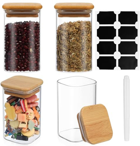 qiwuhai 4 Pcs Botes de Cristal con Tapa, 300ml Tarros de Cristal con Tapa de Bambu Hermética, Tarro Botes Cocina Almacenaje Cristals Redondo para Especias Café Frutos Secos, con Pegatinas, Bolígrafo
