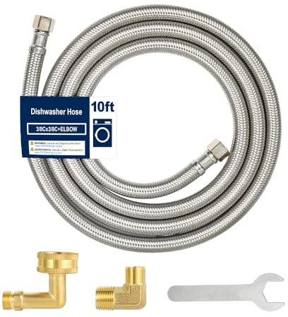 10FT Dishwasher Hose with Elbow – Stainless Steel Braided Supply Line, 3/8 Compression to 3/8 Elbow, Universal Fit, Burst Proof, NSF/Lead-Free Certified, 10-Year Warranty