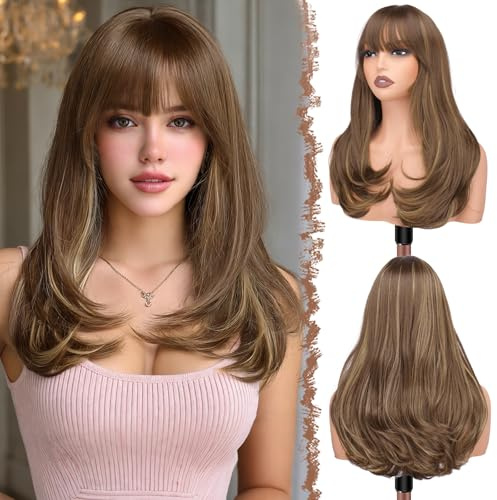 FESHFEN Lang Perücken mit Pony, Damen Braun gemischt Blond Perücke Synthetik Geschichtete Haar Natürlicher Look Kunsthaar Haarperücke Tägliche Party Cosplay Karneval für Frauen 45 cm