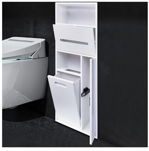 304 Edelstahl Badezimmer Nische, Versteckter Abfalleimer, Eingebetteter Toilettenrollenhalter, Aufbewahrungsständer Für WC-Bürste Für Büro Im Schlafzimmer,White-30x78x14cm/11.81x30.7x5.51in