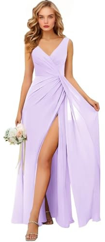 Vestido de gasa para dama de honor, largo con cuello en V, sin mangas, formal, con abertura, fruncido, acampanado, vestido de invitada de boda, Lila, 46 Grande