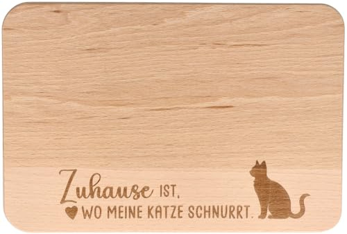 Spruchreif | Frühstücksbrettchen Zuhause ist… Katze | Brotzeitbrett aus Buchenholz mit Katzen-Motiv | Geschenk für Katzenfreunde | 22 x 15 x 1 cm | nachhaltiges Holzbrett