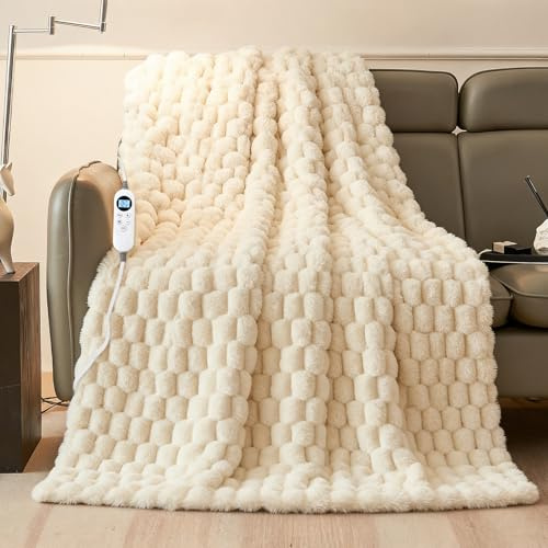 Eastsora Heated Blanket Throw 50 x 60 Soft Ribbed Faux Fur Flannel Fast Heating 12 Heat Levels 1–12H Timer & Overheat Protection & Auto Shut-Off & ETL FCC & Machine Washable Heated Throw