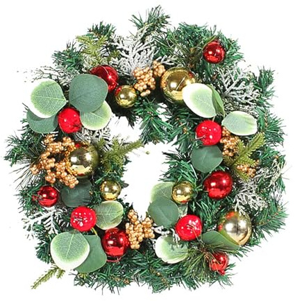 Decoración de Corona navideña,Decoraciones navideñas de Corona Artificial con Frutos Rojos - Coronas Decorativas de Agujas de Pino de 11,8 Pulgadas con Bolas de Navidad para Porche de Puerta Interior