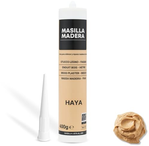 Masilla Madera Haya, Ideal para rellenar y y reparar madera al interior, Masilla lista al uso, Rellenadora de agujeros, Formato cartucho para pistola, Color Haya, Contiene 400 gramos