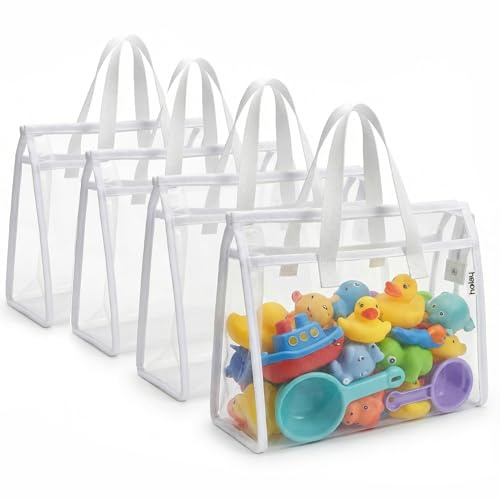 HOLAY 4-pack Transparenta Förvaringsväskor för Leksaker med Handtag – Lekrumsorganisatör för Barnleksaker, Brädspel & Skolmaterial, PVC-Front & Förstärkt Botten (Vit, XL)