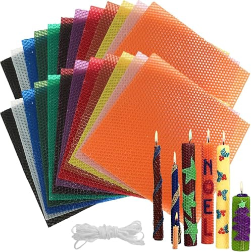 OJMHD 24 Stück Farbige Bienenwachs Wachsplatten Bastelset, 20 x 20 cm Bienenwachsplatten für Kerzen Selber Machen Set, DIY Bienenwachskerzen mit Baumwoll Docht für Kinder Erwachsene, 12 Farben