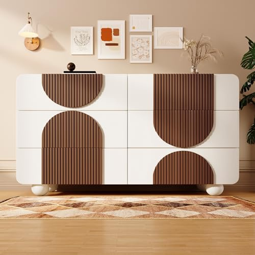 FammyLoft Sideboard Wohnzimmer mit 6 Schubladen, Kommode mit Geschwungenem Design, Buffetschrank, 121x41x71cm, Modern Wohnzimmerschrank für Schlafzimmer, Büros, Flur, Weiß+Schokoladenfarbenen