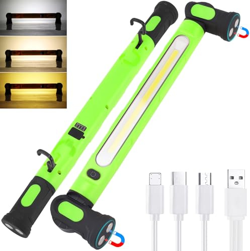 Baladeuse LED Mecanicien Lampe Rechargeable Atelier Travail Mecanique Auto Puissante Barre Amovible COB Lumière Forte 5000mAh Batterie avec 360° Crochets/3 Modes/Base Magnetique Rotation à 180 [Vert]