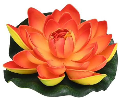 M METERXITY 1-Set Fake Floating Foam Lotus Flower 7 inch Pool, Orange | Water Lily, Pad, Pond, Plants, Fountain, Garden, Decor, Ornaments, Artificial