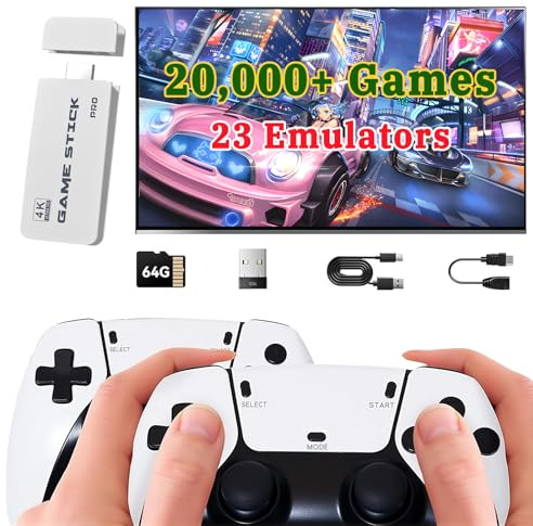 Ozvavzk Consola de Juegos Retro 4K HDMI Game Stick de 64 GB con más de 20 000 Juegos y 23 Emuladores, Consola de Videojuegos Actualizada con Dos mandos inalámbricos 2.4G, Plug and Play