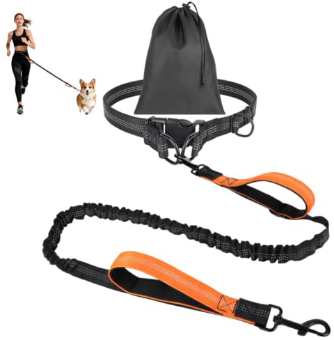 OFFCUP Hands Free Hundkoppel med Väskomslag, Hundspringkoppel med Justerbar Midjebälte och Dubbelhandtag för Promenad, Vandring, Träning, Jogging, Midjekoppel med Reflekterande Stötar (Orange)