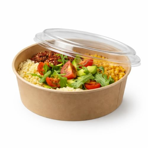 PacknWood Combo Ensaladera Desechable redonda cartón kraft BUCKATY con tapa PP Ø18,5 cm 1,2 L - Pack 25 - Ecológico Biodegradable - Hostelería Catering Take Away