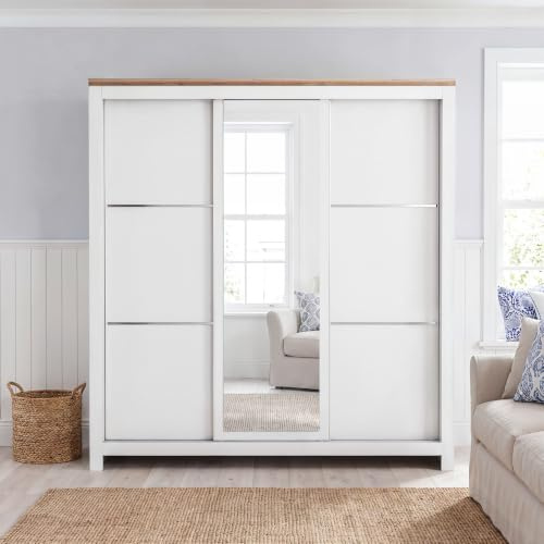 Dako Furniture® 3 Door Sliding Wardrobe MILFORD 180cm with Mirror & Decorative Fromts White Modern Bedroom Wardrobe with Shelves & Hanging Rails
