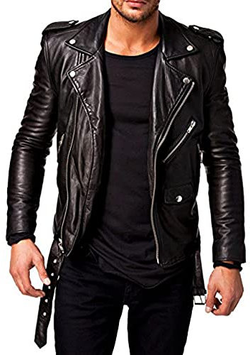 QAWACH Herren-Lederjacke, Lammfell, Winter, Vintage, Bikerjacke, Mantel, weich und stilvoll, Moto Ride & Racing Jacke, Schwarz 01, M