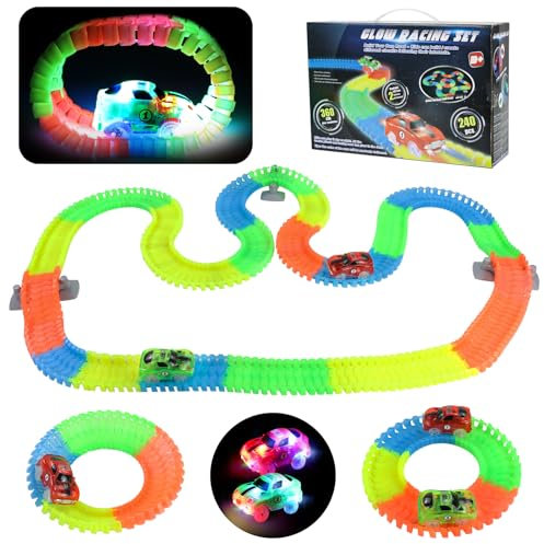 Spielzeug ab 3 4 5 Jahre Junge Leuchtende Autorennbahn - Flexible Kompatible Rennbahn mit 2 LED Auto Spielzeug Kinderspielzeug ab 3 Jahre Junge Mädchen Geburtstagsgeschenk für Kinder (240 Stück)