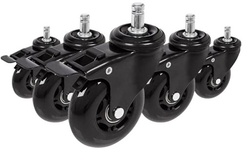 hjh OFFICE 729400 Bürostuhlrollen ROLO SKATE Schwarz 5 x Hartbodenrollen 11 mm x 75 mm mit Feststellbremse