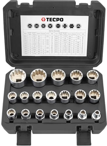 TECPO Steckschlüssel Satz 19-tlg. Sechskant 8-32 mm 1/2 Zoll Werkzeug Nuss-Set Zöllig 5/16-1-1/4 E-Profil für Torx E10-E40 Zwölfkant Nüsse M8-M32