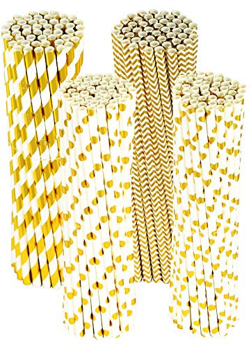 PATAZOK 200pcs Strohhalm Papier,Gold Trinkhalme Gold Weiß gestreifte Papierstrohhalme Punkt Halme plastikfrei biologisch abbaubare strohhalme cocktail für Hochzeit Geburtstag Party Dekorationen