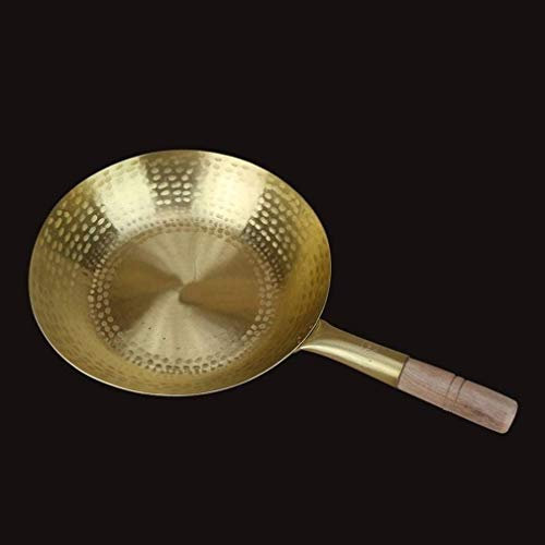 Picnic Bag Pure Copper Flat Bottom Wok Frying pan Brass Wooden Handle Healthy uncoated Copper Tripod Made of Pure Brass Pot pan,37cm (Size : 37cm)
