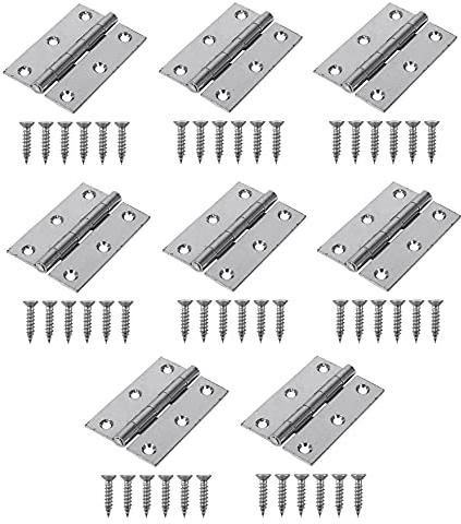 TERF® Lot de 8 charnières en acier inoxydable - 65 mm - Pliables - 65 mm - Argentées - Pour meubles de maison, salle de bain, fenêtre, portes intérieures - Vis de fixation incluses