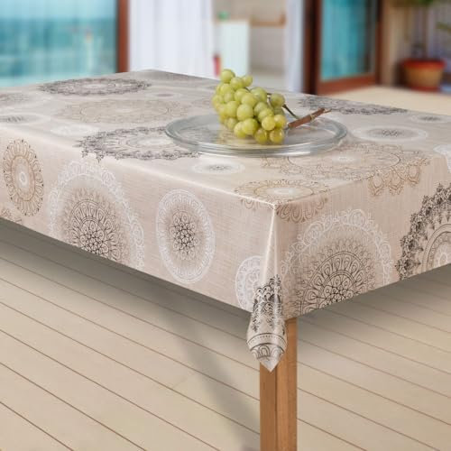 laro Wachstuch-Tischdecke Abwaschbar Garten-Tischdecke Wachstischdecke PVC Plastik-Tischdecken Eckig Meterware Wasserabweisend Abwischbar G03, Muster:Mandala beige-braun, Größe:130x160 cm