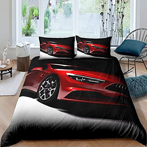 Homewish Teens Race Car Trösterbezug Speed Sports Car Red Automobile Extreme Sport Theme Bettwäsche Set Dekorativer 2 Stücke Bettbezug mit 1 Kissenbezug 135x200 für Kinder Jungen Erwachsene Herren