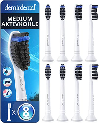 8er demirdental Ersatzbürsten passend für Philips Sonicare, Aktivkohle | Mittelharte Aufsteckbürsten & Aufsätze für natürliche Reinigung, schadstoffgeprüft, inkl. 8 Schutzkappen & Farbringe, Weiß