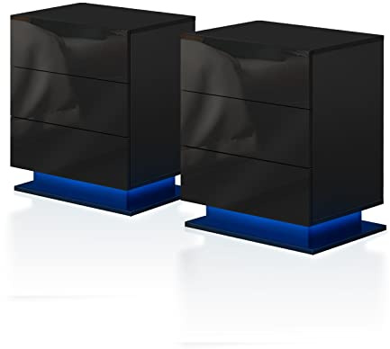 Tukailai, Set di 2 comodini con 3 cassetti portaoggetti e luci LED, colore nero, con parte frontale altamente lucida, per soggiorno e camera da letto