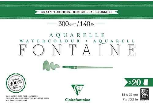 Clairefontaine 975505C Bloc Encollé 4 Côtés Fontaine - 20 Feuilles Papier Aquarelle Blanc 100% Coton Grain Torchon Qualité Professionnelle 18x26 cm 300g