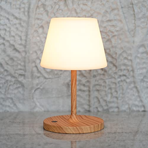 LOTITOL Outdoor Table Lamp/Cordless USB Rechargeable 4000mAh / 2700K LED/Touch Dimmable/Portable Battery Operated / IP44 Waterproof/PE Shade/Bedroom Dinning Camping Patio (9.6in, Wood Grain)