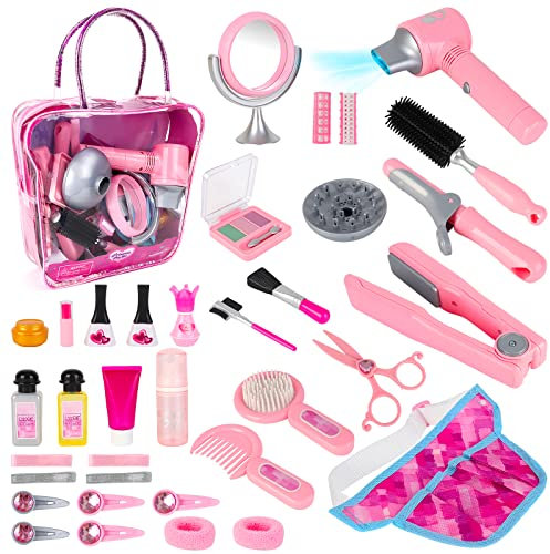 deAO Schönheitssalon-Set für Mädchen, 35-teilig, Modespiel mit Haartrockner, Spiegel, Lockenstab und anderem Zubehör, simuliertes Make-up-Set für Kinder