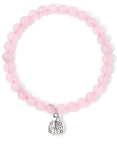Silverfärg nyckelpiga armband för kvinnor män 6 mm pärlor agat kristall härligt damarmband lava insekt smycken, rosa kvarts, 23 cm