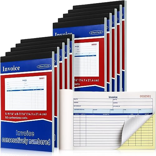 Lincia 10 Pads Invoice Receipt Book for Small Business 2 Part Carbonless 5.5 x 8.4 Inch Duplicate with Carbonless Copies Log Book 50 Sets 1 Receipts Per Page