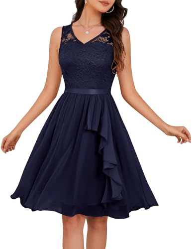 Meetjen Wedding Guest Dresses for Women 2026 Cocktail Short Ruffle Homecoming Floral Lace Chiffon Prom Dress Navy L