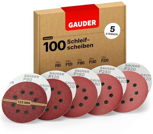 GAUDER Schleifscheiben Set für Exzenterschleifer Ø 125mm - Schleifpapier Klett - 8 Loch Schleifblätter rund - Schleifpads (100 Stück - je 20x 80/120/180/240/320 Körnung)