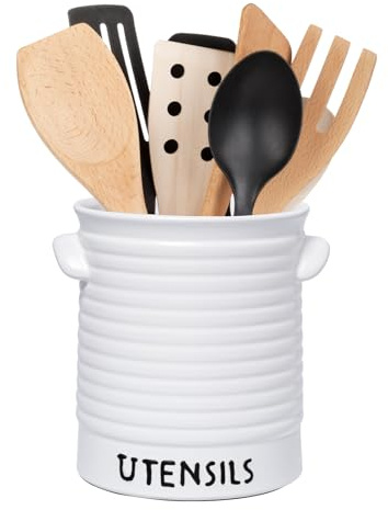 Karisky Kitchen Utensilhalter für Arbeitsplatten, 6,2 großer Keramikutensilien -Crock mit Korkmatte, Griffe, moderner Kochwerkzeug Spatel Organizer für Küchentheke Dekor, schwarz