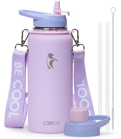 Coolflask - Borraccia con cannuccia da 900 ml, borraccia in metallo isolata con cannuccia e coperchi con beccuccio, in acciaio inox a doppia parete con isolamento sottovuoto, mantiene le bevande