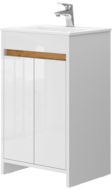 Vicco Bathroom furniture set Lemgo, White/White High Gloss, 2 parts, with washbasin and 2 hinged doors