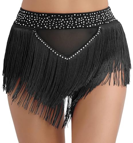 Xnihocha Gonna da donna con nappe, latina, tango, da ballo, corta, con frange, per danza del ventre, costume da concorrenza, Nero , L