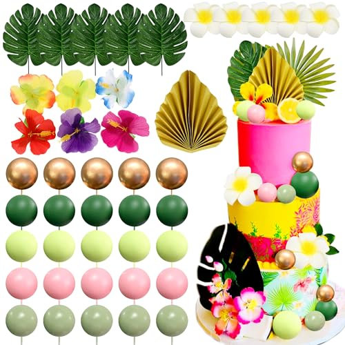 JeVenis Hawaiian Cake Decorations Tropical Cake Topper Luau Cake Toppers Moana Cake Decorations Hibiscus Flowers Cake Decoration