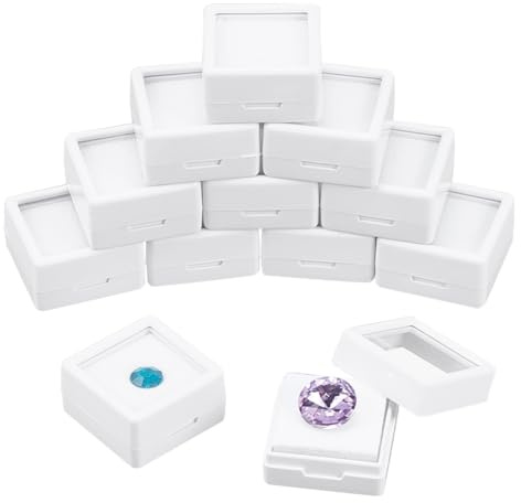 nbeads 12 Stück Edelstein Displayboxen, 2.95x2.95x1.6cm Quadratischer Schmuckbehälter Aus Weißem Kunststoff Mit Durchsichtigen Acryldeckel Und Schwamm Für Nackte Steine Und Diamanten