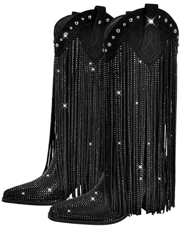 sexytag Women's Fringe Cowgirl Boots Rhinestone Cowboy Boots for Women Knee High Wide Calf Tassal Western Boots Sparkly Studded Chunky Low Heel Pointed Toe Pull On Boots Black Size 12