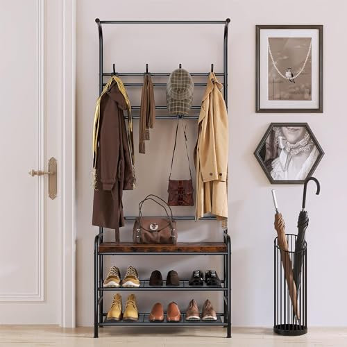 Litake Garderobenständer mit Schuhbank, 4-in-1 Kleiderständer Garderobe mit Hängestange, Garderobenständer Metall mit 3 Ablagen & 8 Doppelhaken, Kleiderständer Stabil für Flur, Eingang, Wohnzimmer