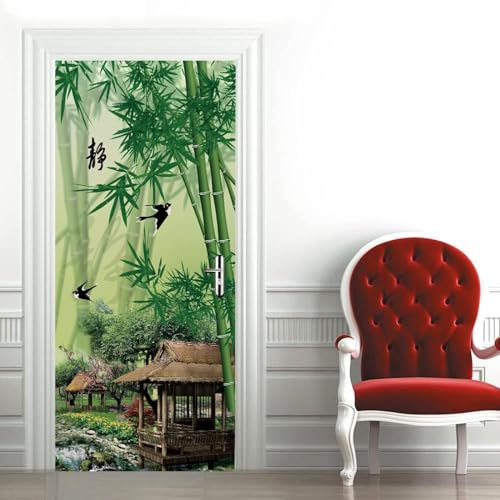 Türtapete Selbstklebend 85x215 cm Türfolie Selbstklebend Chinesischer Stil Türaufkleber Türposter Asiatischer Bambus Türsticker Fototapete 3D Effekt für Schlafzimmer Wohnzimmer Küche A6453