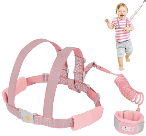 OWill Toddler Walking Harness, 1-3 Years Boys & Girls, Anti Lost Wrist Reins w/ Luminous Effect & Warning Whistle (1.5m Pink)